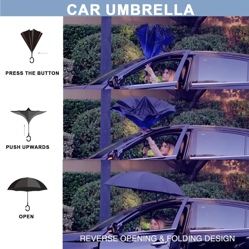 SIEPASA 49/56 Inch Inverted Reverse Upside Down Umbrella, Extra Large Double Canopy Vented Windproof Waterproof Stick Golf Umbrellas with C-shape Handle.(the Galaxy, 49 Inch) - Image 4